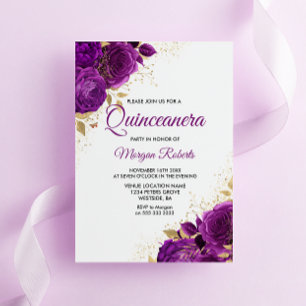 Mooie Paarse Rozen Gold Leaf Quinceanera Kaart