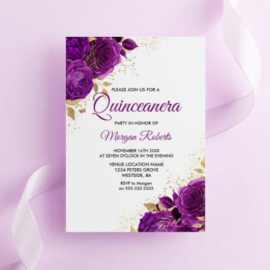 Mooie Paarse Rozen Gold Leaf Quinceanera Kaart
