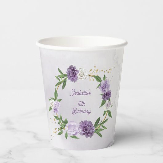 mooie paarse schoppen bloemen groen papieren bekers (Achterkant)