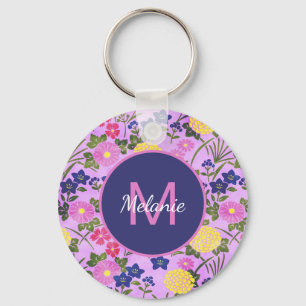 Mooie Paarse Vintage Bloem Patroon Persoonlijk Sleutelhanger