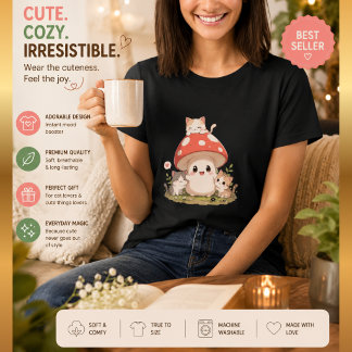 Mooie Paddenstoel Kat T-Shirt – Kawaii Cottagecore