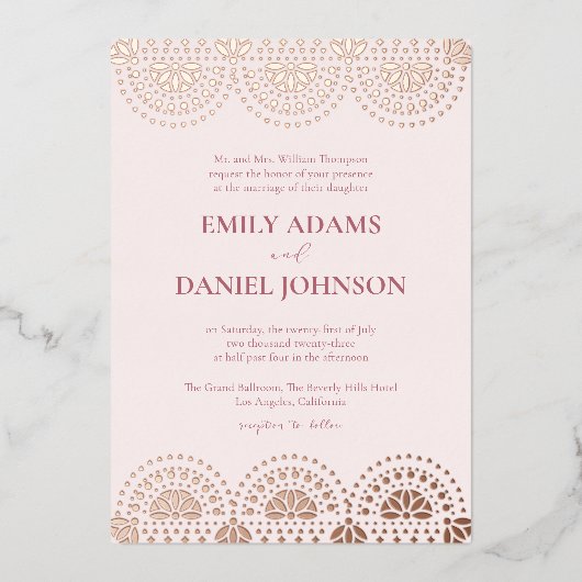 Mooie Papel Picado: een Spaans Mexicaanse bruiloft Folie Uitnodiging (Voorkant)