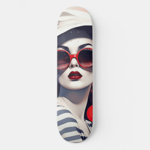 Mooie Parijse vrouw in zonnebril en pet Skateboard