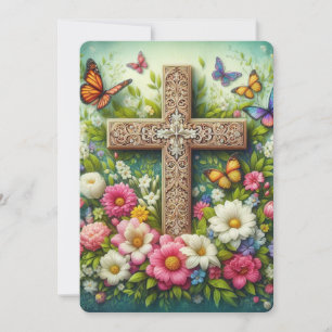Mooie Pasen bloemenkruis met vlinders Feestdagenkaart