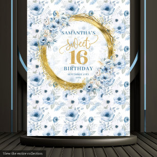 Mooie Pastel Blue Sweet 16 Gold Glitter Party Wandkleed