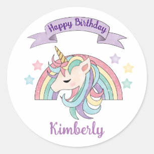 Mooie Pastel Eenhoorn en Glanzende Regenboog Ronde Sticker