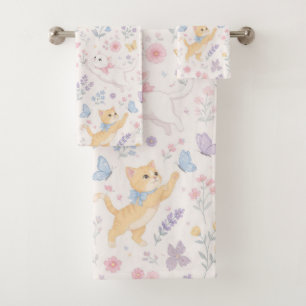 Mooie Pastel Kittens en Vlinders Bloemen Bad Handdoek