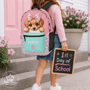 Mooie Pastelkleurige Meisjes Puppy Huiswerk Eter K Bedrukte Rugzak