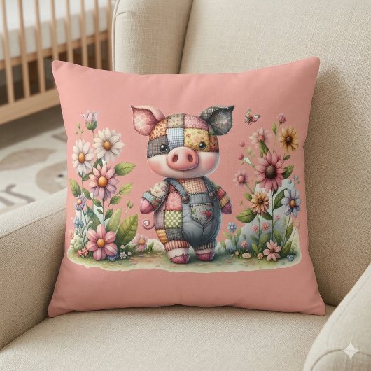 Mooie Patchwork Biggetje in Bloementuin Kussen