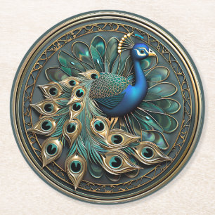 Mooie Pauw Blauwe Gouden Turkoois Art Deco Ronde Kartonnen Onderzetter