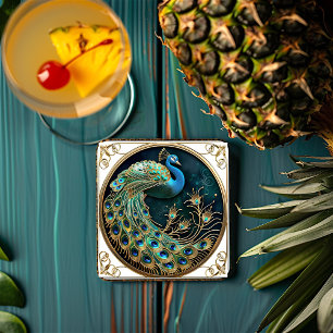 Mooie Pauwblauwe Goud Turquoise Art Deco Vierkante Kartonnen Onderzetter