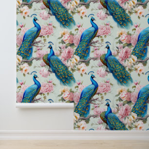 Mooie pauwen roze bloemen schillen en stok behang