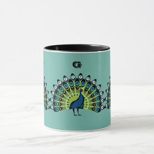 Mooie pauwen vol glorie met naam monogram mok (Midden)