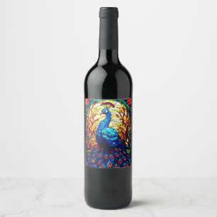 Mooie Peacock Glas in lood Wildlife Art Wijn Etiket