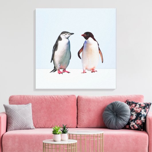 Mooie Penguin Couple op Light Periwinkle Blue Canvas Afdruk (Insitu (Woonkamer))