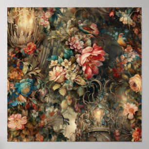 Mooie periode rococo vogels en bloemen poster