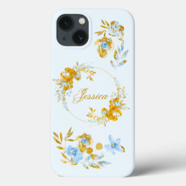 Mooie Persoonlijke Goud Blauwe Winter Bloem iPhone 13 Hoesje