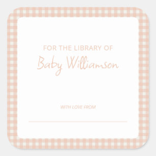 Mooie perzik geruite gingham babyshower-boekplaat vierkante sticker