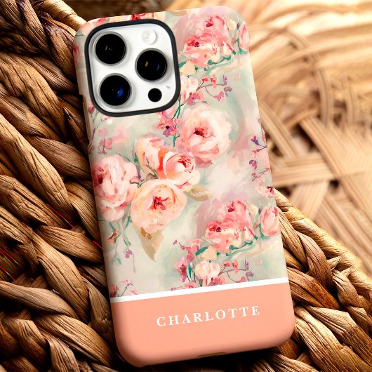 Mooie Perzikrozen Aangepaste Naam Bloemstuk Case-Mate iPhone Case