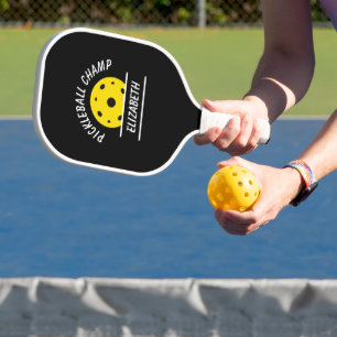 Mooie Pickleball Kampioen Naam Bal Zwart Geel Spor Paddle