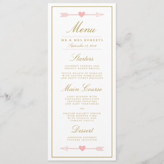 Mooie Pijlen Bruiloft Diner Menu / Blush & Gold (Voorkant)