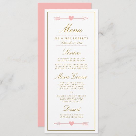 Mooie Pijlen Bruiloft Diner Menu / Blush & Gold (Voorkant / Achterkant)
