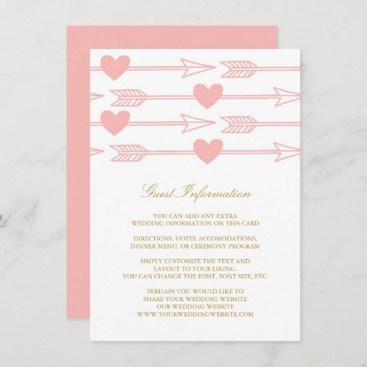 Mooie Pijlen Bruiloft invoegen Kaart / Blush & Gol (Voorkant / Achterkant)