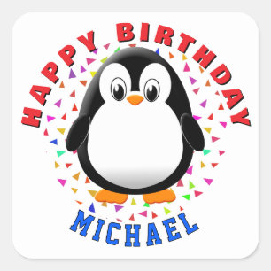 Mooie Pinguïn Cartoon Aangepaste Naam Verjaardag Vierkante Sticker