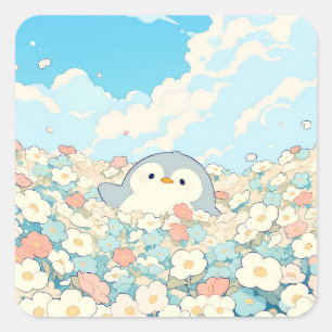 Mooie Pinguïn in Kleurrijke Bloemenweide Vierkante Sticker