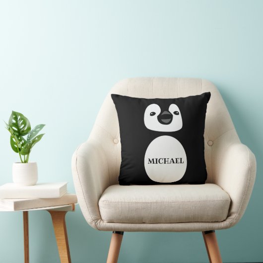 Mooie pinguïn monogram naam in zwart en wit kussen (Stoel)