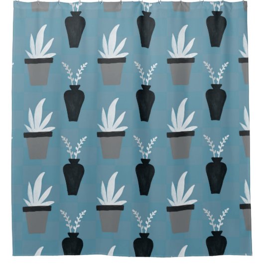 Mooie Planten in potten blauw, grijs en wit Douchegordijn (Voorkant)