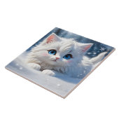 Mooie pluizige witte kat blauwe ogen roze wangen tegeltje (Zijkant)