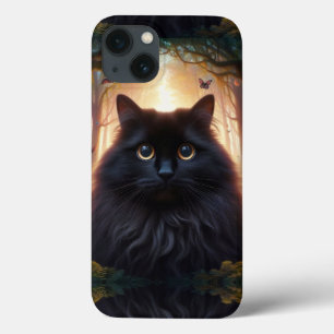 Mooie pluizige zwarte kat met gouden ogen iPhone 13 hoesje