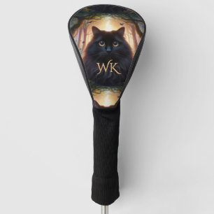 Mooie pluizige zwarte kat met gouden ogen Monogram Golfheadcover