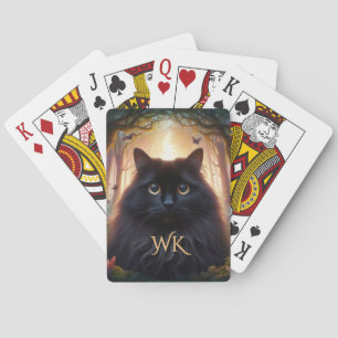 Mooie pluizige zwarte kat met gouden ogen Monogram Pokerkaarten