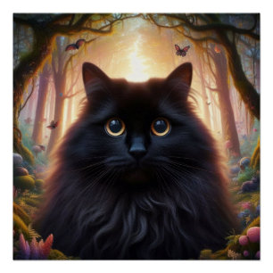 Mooie pluizige zwarte kat met gouden ogen perfect poster