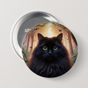 Mooie pluizige zwarte kat met gouden ogen ronde button 7,6 cm