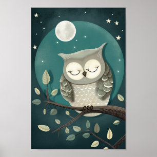 Mooie poster van een uil slapend onder de Maan en