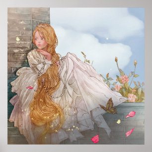  mooie prinses bij het raam van het kasteel poster