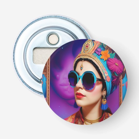 Mooie prinses met zonnebrillen button flesopener (Voorkant)