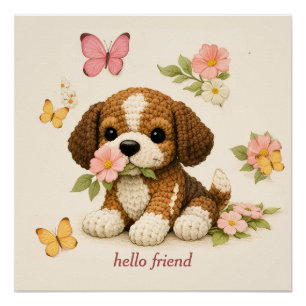 Mooie Puppy Bloem Vlinder Poster – Gehaakt Brei  Perfect Poster
