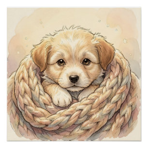 Mooie puppy gewikkeld in een gebreide deken perfect poster