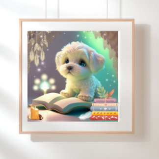 Mooie puppy-hond die een boek leest, kinderkamer k poster