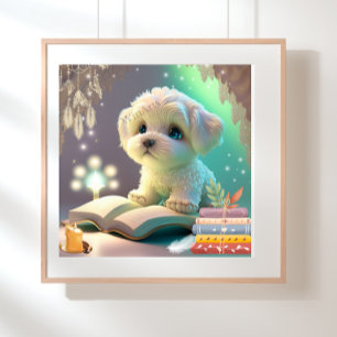 Mooie puppy-hond die een boek leest kinderkamer ku poster