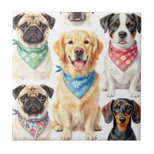 Mooie puppyportretten bandana collage aquarel tegeltje