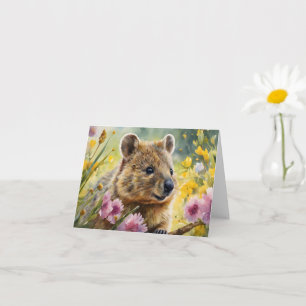 Mooie Quokka Bloemen Aquarel Illustratie Blanco Kaart