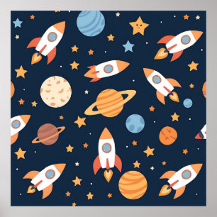 Mooie Raketten Planeten Ruimte Patroon Poster