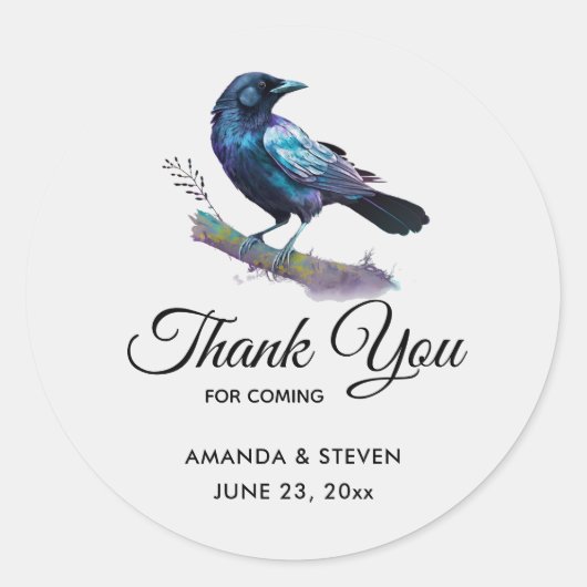 Mooie Raven op een Tree Branch bruiloft dank u Ronde Sticker (Voorkant)