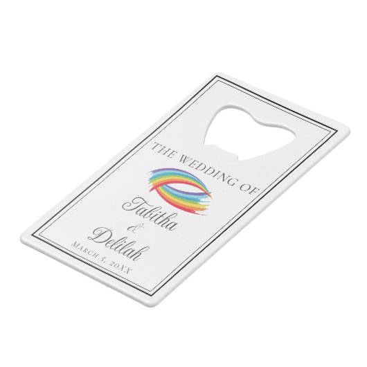 Mooie regenboog golven gepersonaliseerde bruiloft kredietkaart flessenopener (Voorkant Gekanteld)