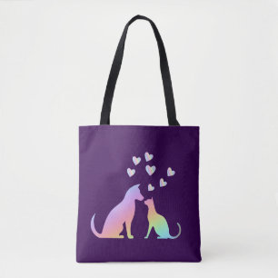 Mooie Regenboog Kat en Hond Silhouet Liefde Paars Draagtas